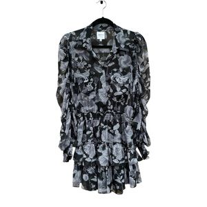 Misa Los Angeles Adora Black and Gray Floral Tiered Smock Ruffle Mini Dress XS